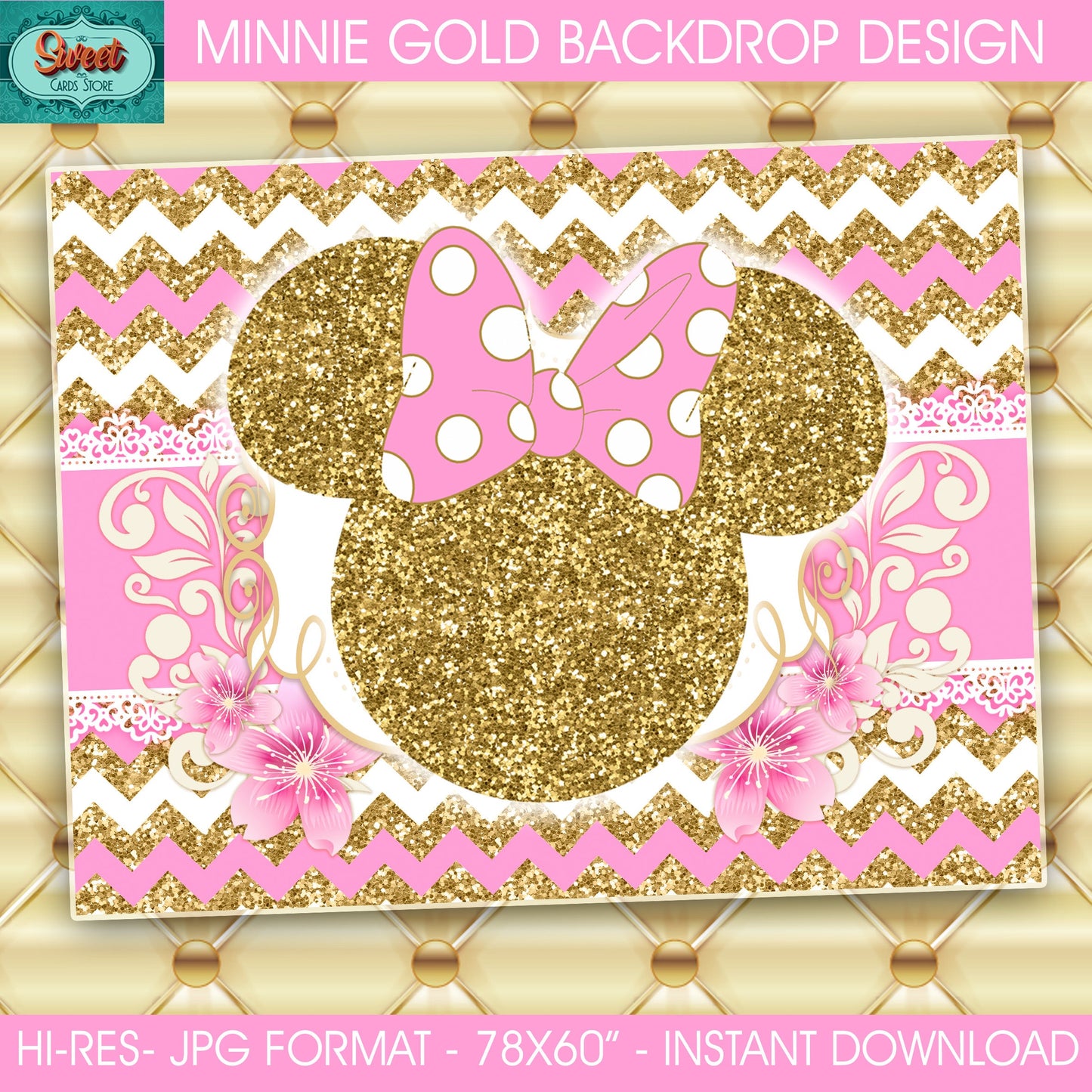 Gold minnie mouse printable digital backdrop, background, gold and pink, party, birthday, candy table, glitter,