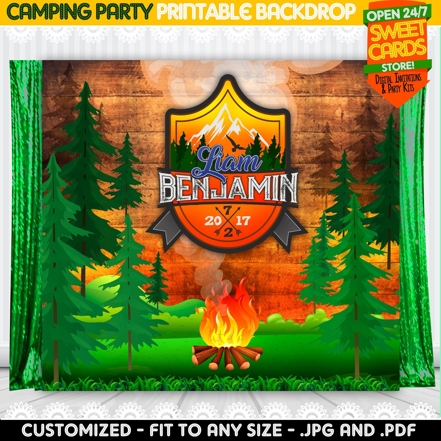 Camping Party Printabl Backdrop, Camping Party, Camp Party, Campfire Party, Outdoors Party, In THe woods Party, Camp Birthday, Camping Decor