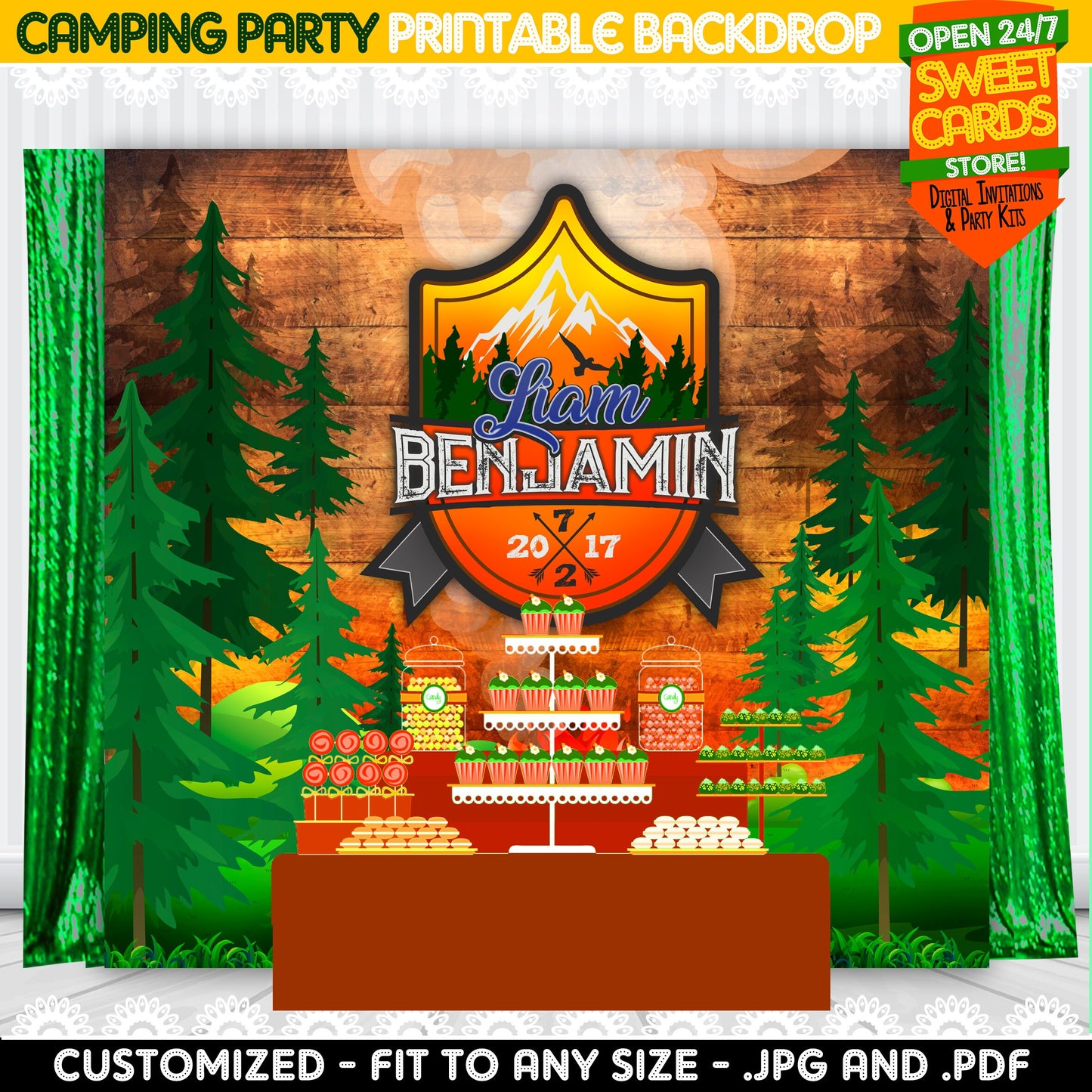 Camping Party Printabl Backdrop, Camping Party, Camp Party, Campfire Party, Outdoors Party, In THe woods Party, Camp Birthday, Camping Decor