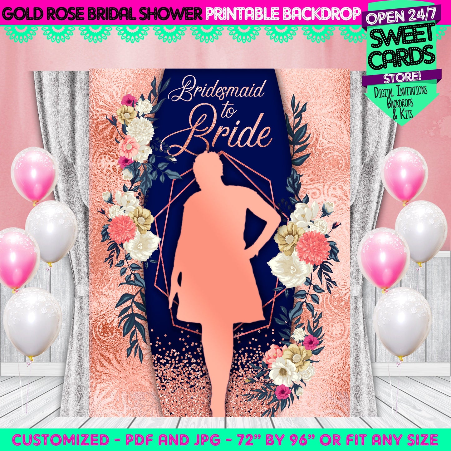 Bridal Shower Printable Backdrop, Gold rose and navy bridal shower backdrop, Bridal shower backdrop, Floral bridal shower Backdrop, Bridal
