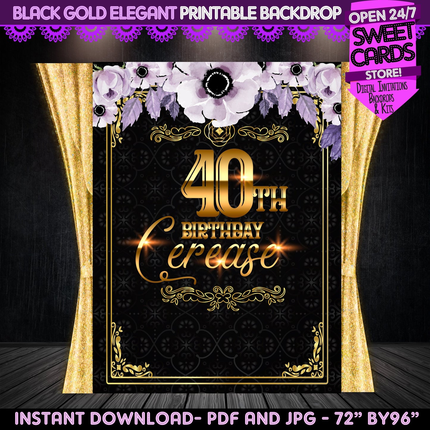 40TH Birthday Printable Party Backdrop, Forty Birthday Party Backdrop, Gold and black 40th Birthday Backdrop, Elegant 40th Backdrop , 40th