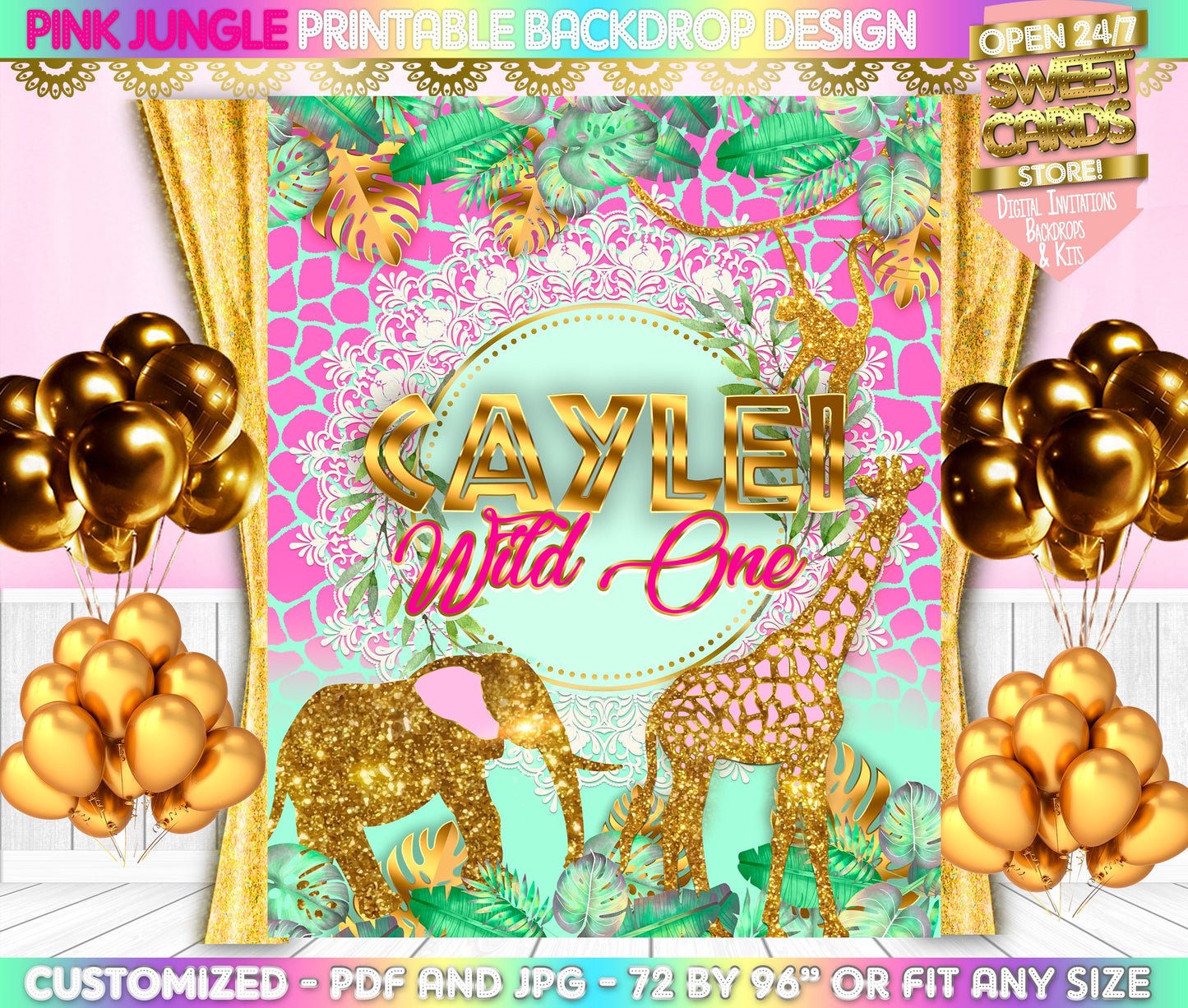 Pink Safari Jungle Printable Backdrop, Girl Safari Backdrop, Mint Pink Jungle Backdrop, Safari Girl Backdrop, Animals Party Backdrop