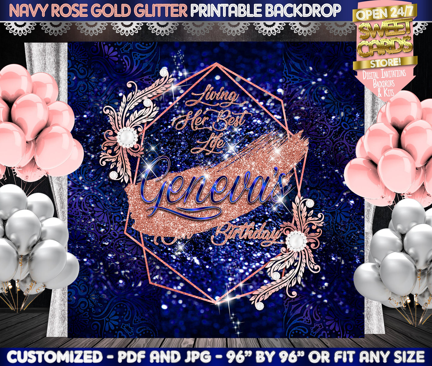 Navy and Rose gold Glitter Printable Backdrop, Navy and rose gold backdrop, Glitter elegant backdrop, Birthday Backdrop, Sweet Sixteen