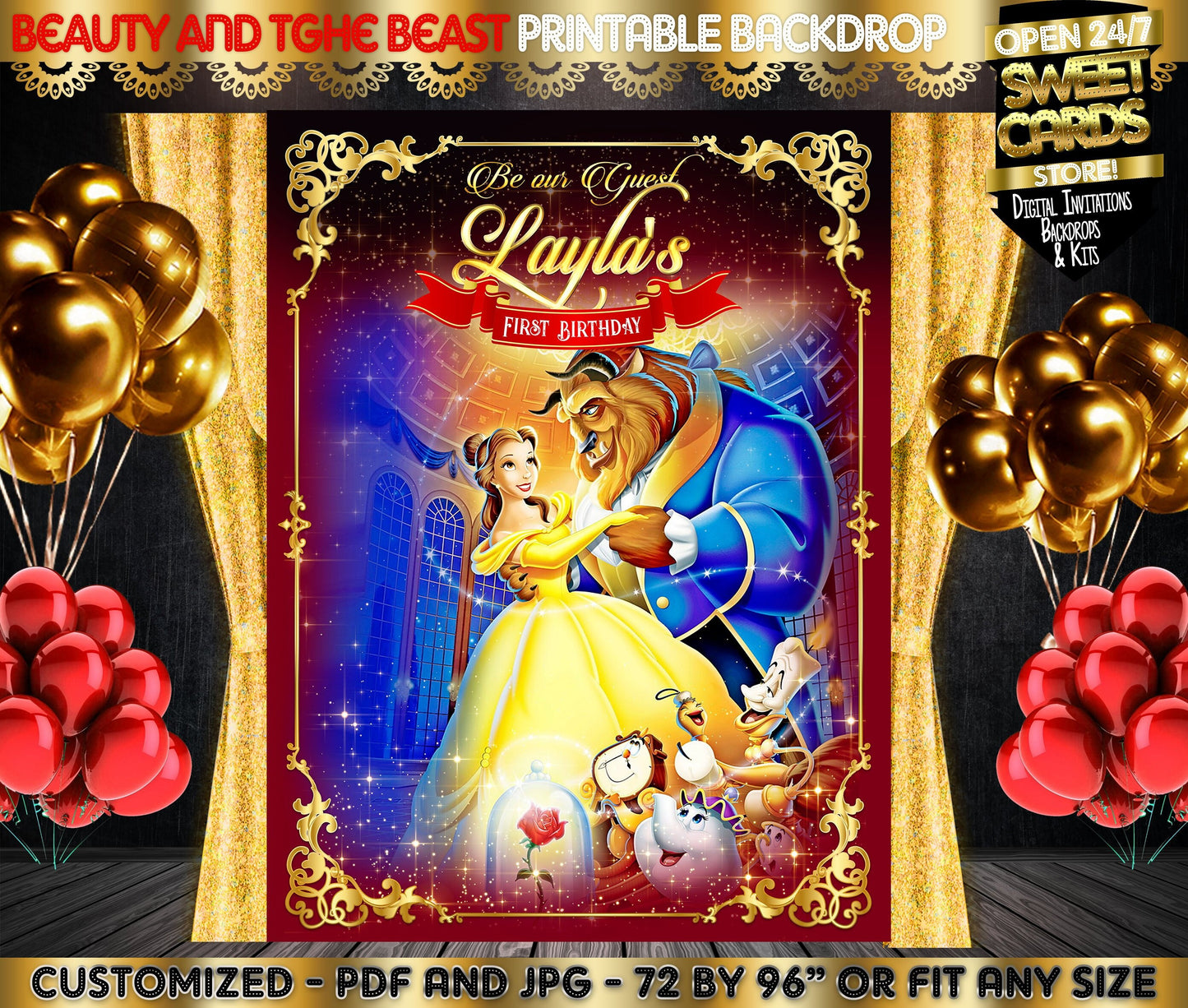 Beauty and The Beast Digital Printable Backdrop, Beauty and The beast Backdrop, Princess Backdrop, Belle Backdrop, Beauty and beast party