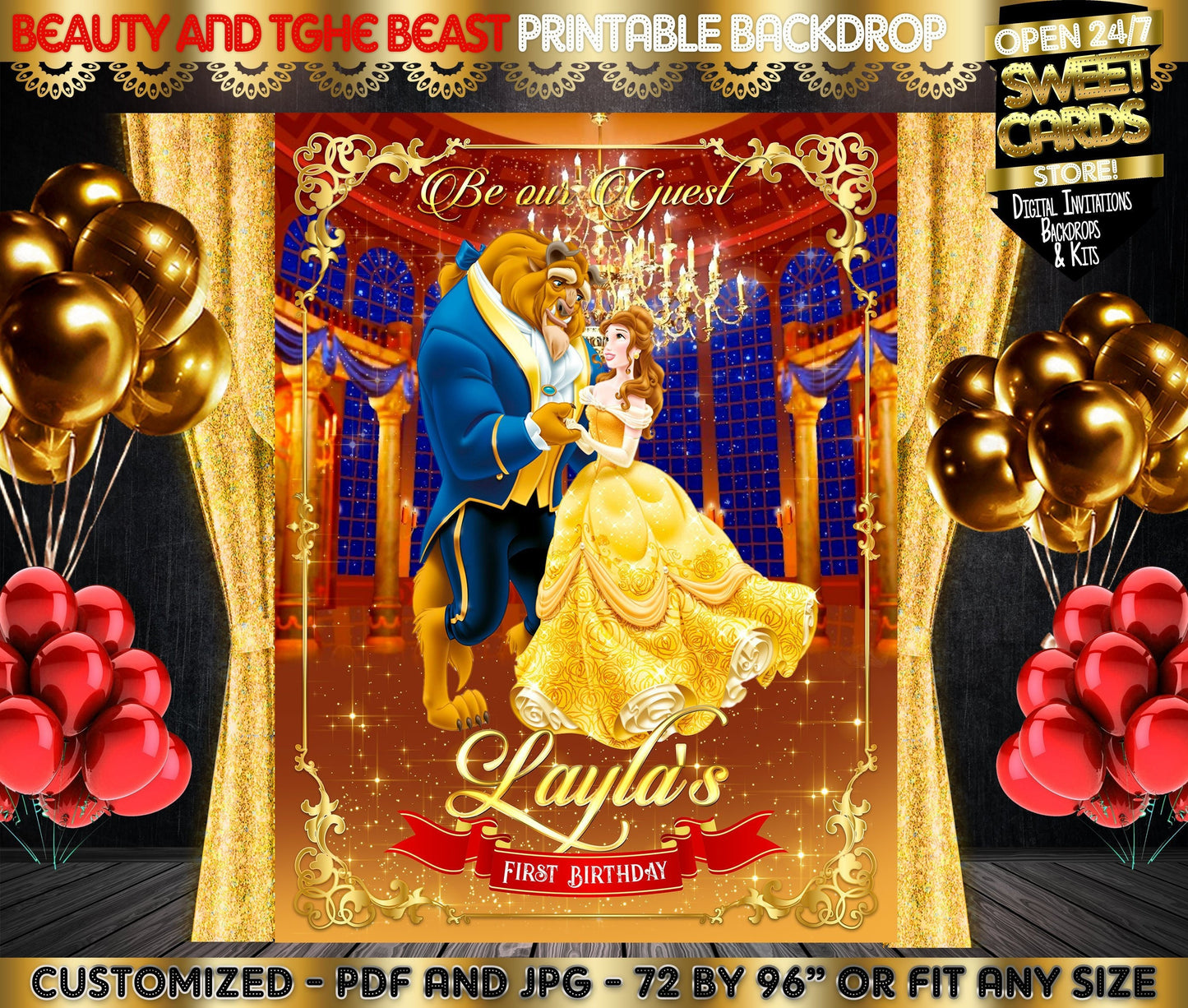 Beauty and The Beast Digital Printable Backdrop, Beauty and The beast Backdrop, Princess Backdrop, Belle Backdrop, Beauty and beast party