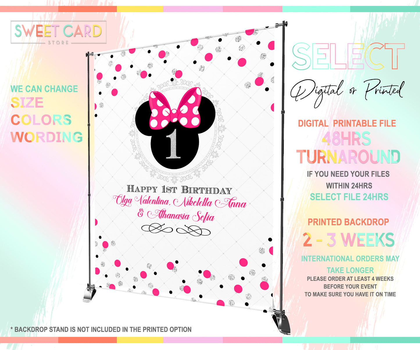 Minnie mouse party backdrop, minnie baby shower backdrop, minnie mouse banner, minnie glitter baby shower backdrop decor, minnie glitter