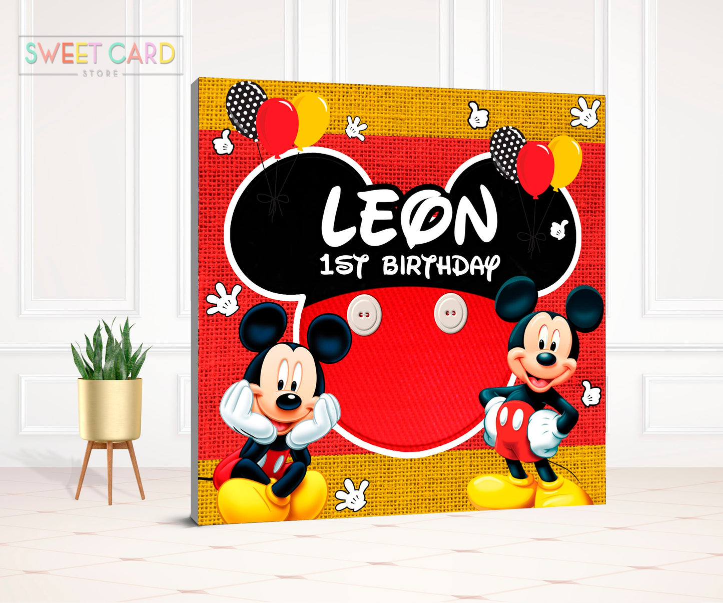 Mickey mouse party backdrop, Classic mickey backdrop, burlap mickey banner, black red yellow mickey party decor, mickey mouse party