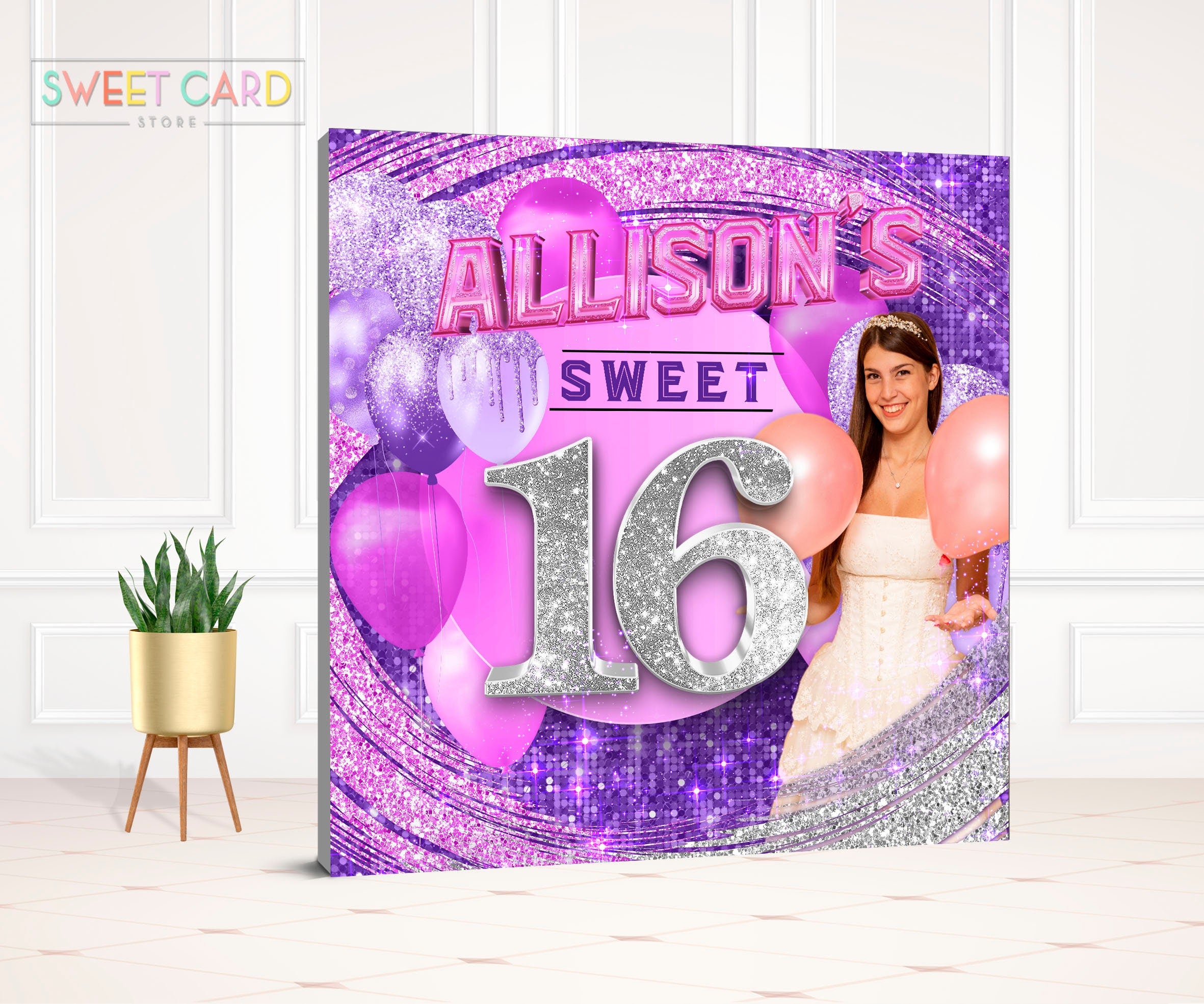 Purple Floral Leaf Round 16th Birthday Backdrop Kit