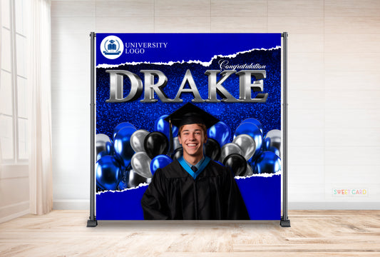 Prom graduation blue balloons backdrop graduation backdrop prom 2023 silver Backdrop graduate 2023 banner gold cap prom 2024 birthday