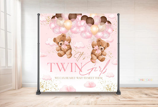 Pink BEAR BACKDROP Twin bears balloon baby shower backdrop Teddy bear Girl Baby shower backdrop balloons Bear banner backdrop