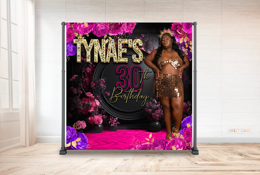 floral pink roses and gold birthday backdrop Roses Printable Backdrop floral backdrop Elegant Gold purple Black floral backdrop party decor