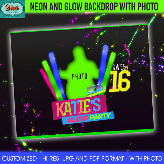Neon and glow printable digital backdrop, with photo, background design, neon colors, party, birthday, sixteen, fifteen, personalized,custom