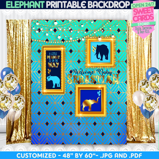 Elephant Baby Shower Printable Backdrop, Elephant Baby Shower, Elephant Backdrop, Blue and Gold Baby Shower, Elephant Party, Elephant Shower