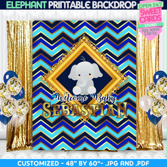 Elephant Baby Shower Printable Backdrop, Elephant Baby Shower, Elephant Party, Elephant Birthday, Blue and Gold Backdrop, Blue Baby Shower