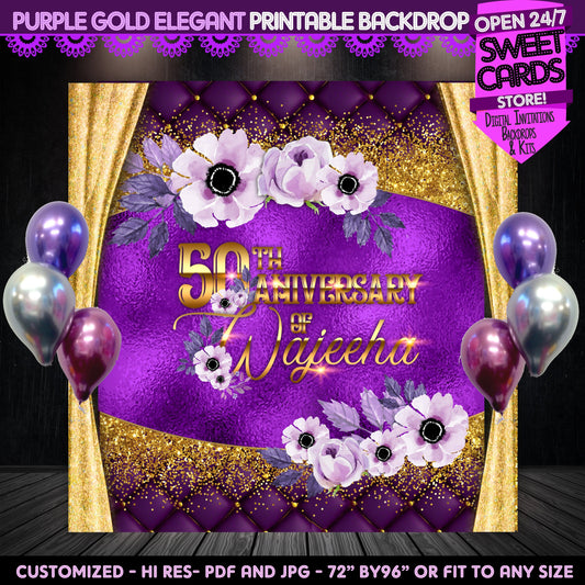 Purple and Gold Printable Backdrop, 50th aniversary backdrop, Elegant gold purple backdrop, Prom Backdrop, Purple Birthday Backdrop, Gold