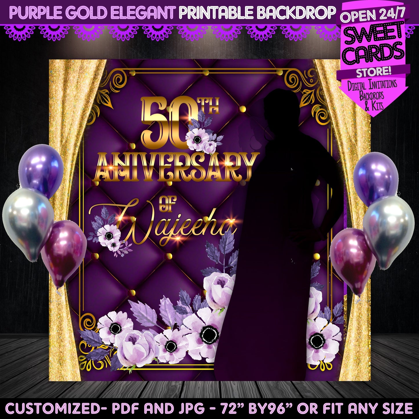 Purple and Gold Printable Backdrop, 50th aniversary backdrop, Elegant gold purple backdrop, Prom Backdrop, Purple Birthday Backdrop, Gold