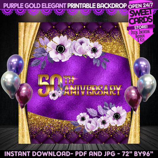 Purple and Gold Printable Backdrop, 50th aniversary backdrop, Elegant gold purple backdrop, Prom Backdrop, purple, gold,