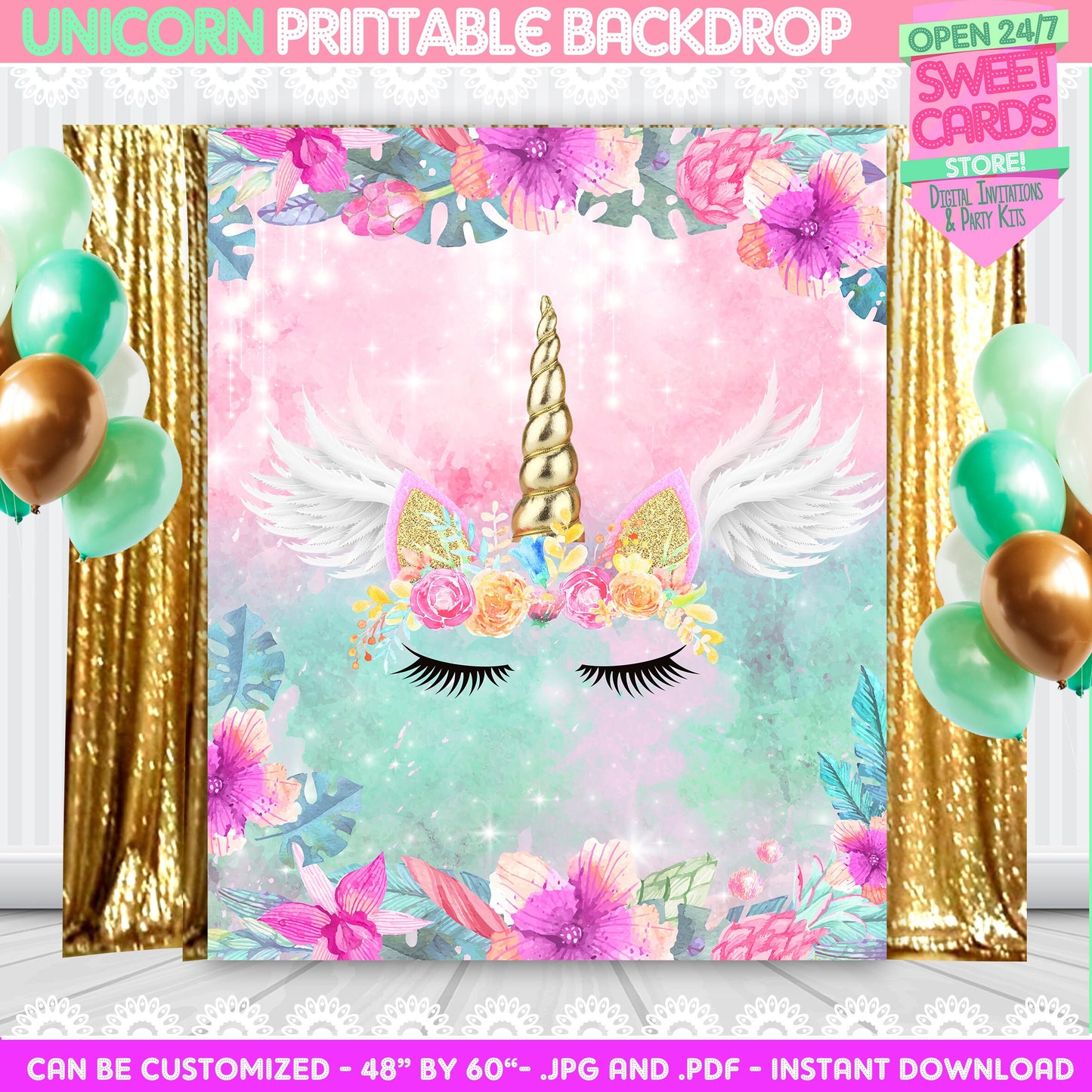 Unicorn printable digital backdrop, unicorn party, unicorn flowers decoration, unicorn birthday, unicorn banner,baby shower