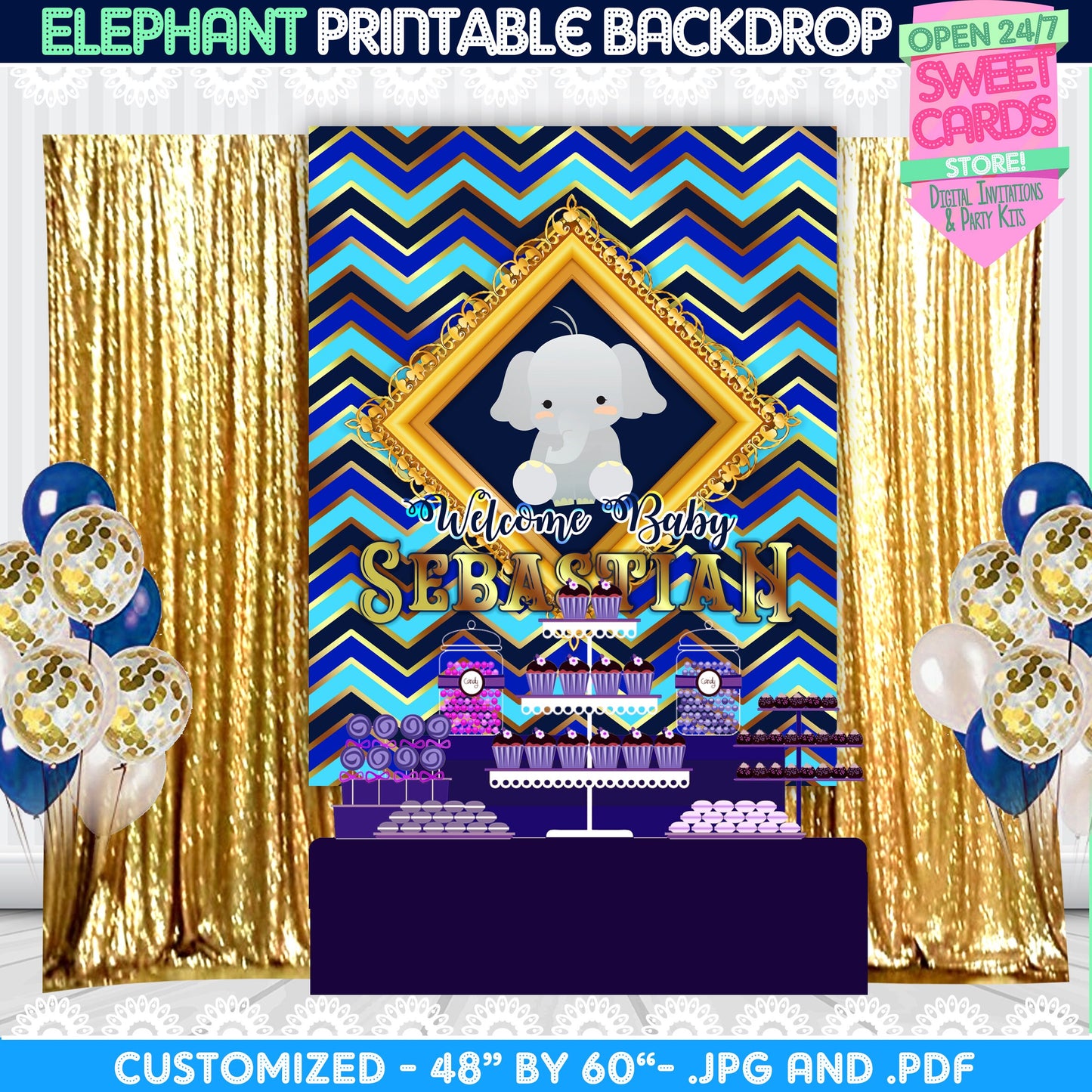 Elephant Baby Shower Printable Backdrop, Elephant Baby Shower, Elephant Party, Elephant Birthday, Blue and Gold Backdrop, Blue Baby Shower