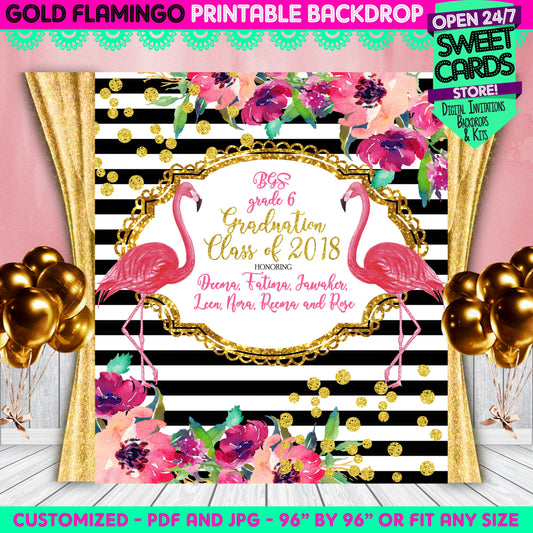 Flamingo Floral Gold Glitter Printable Backdrop, Flamingo Party Backdrop, Golden Glitter Flamingo Printable backdrop, Tropical backdrop