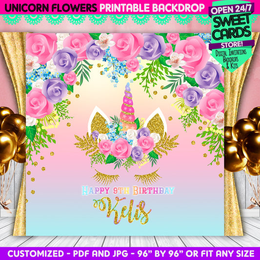 Unicorn printable digital backdrop, unicorn party, unicorn flowers decoration, unicorn birthday, unicorn banner,baby shower, Unicorn flowers