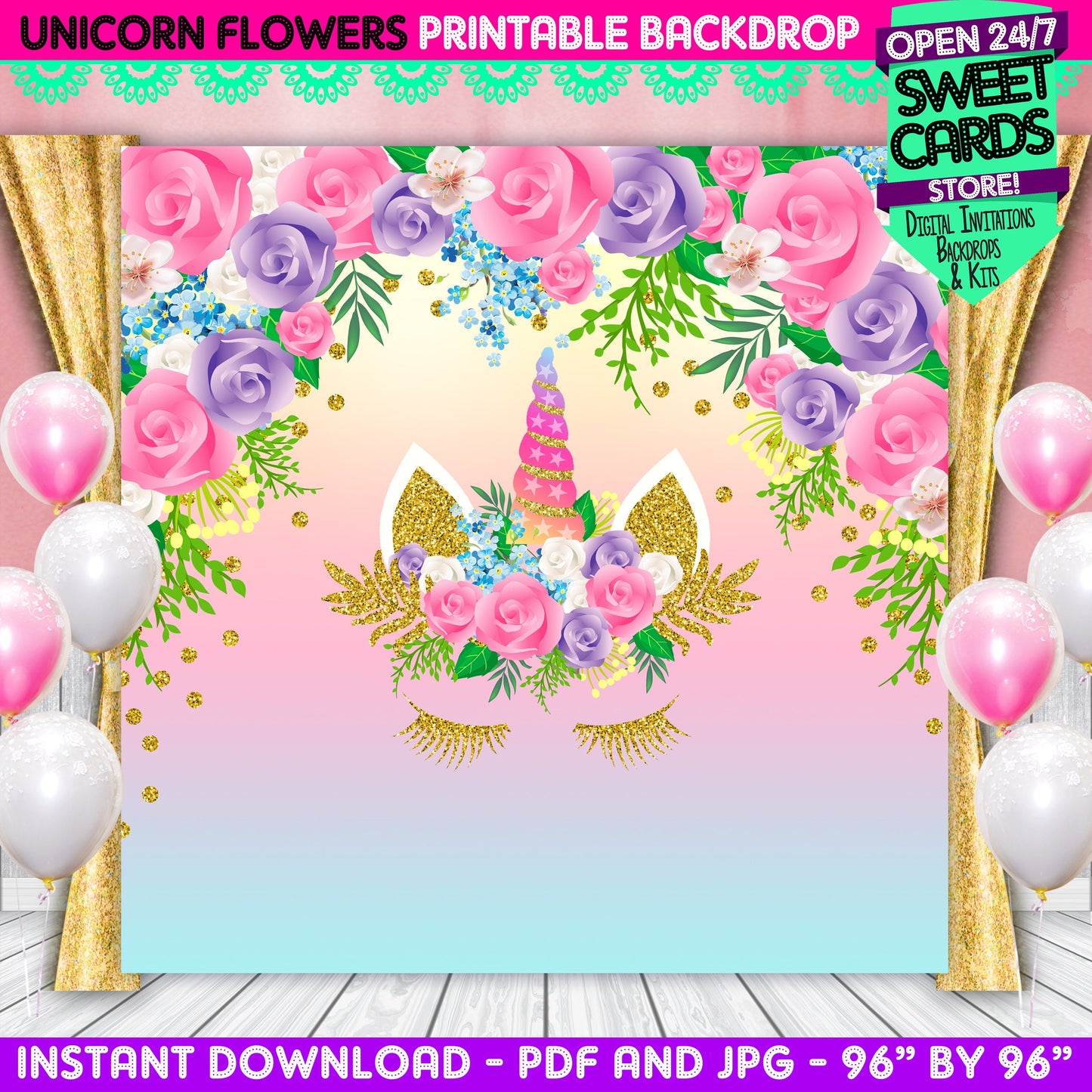 Unicorn printable digital backdrop, unicorn party, unicorn flowers decoration, unicorn birthday, unicorn banner,baby shower,