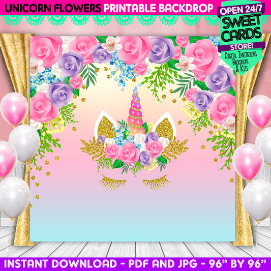 Unicorn printable digital backdrop, unicorn party, unicorn flowers decoration, unicorn birthday, unicorn banner,baby shower,