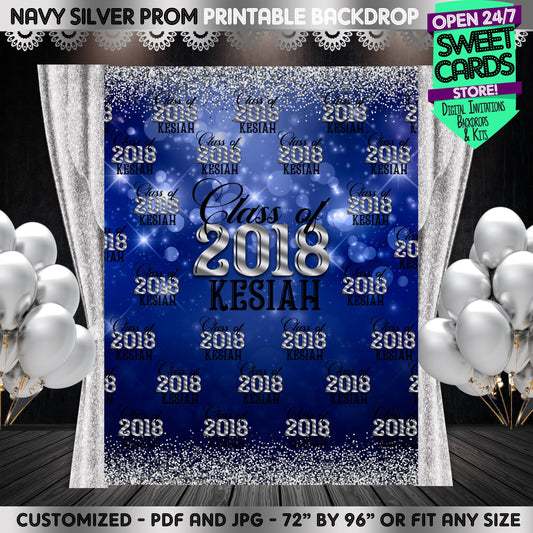 Prom Blue and silver Printable Backdrop, Prom Elegant Backdrop, step and repeat, Prom party Backdrop, Party Backdrop, Prom 2023