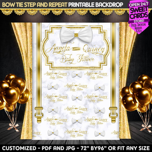 White and Gold Bow Tie Printable Party Backdrop, Bow tie Party Backdrop, White bow tie Backdrop Step and Repeat Backdrop Bow tie baby Shower