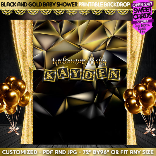 Black and gold Block Letter baby shower Printable Backdrop Baby block Letters backdrop Gold and black baby shower backdrop, Gold baby shower