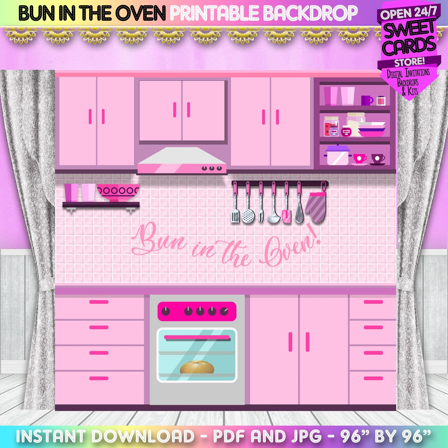 Bun in the oven Kitchen Printable Party Backdrop, Bun in the oven party Printables, Kitchen Party Backdrop, Bun baby shower