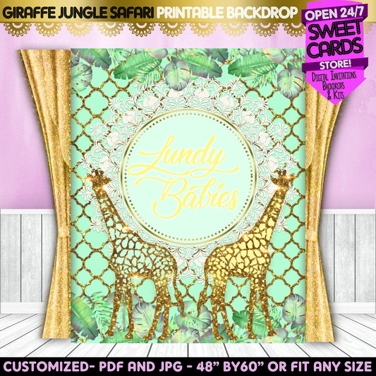 Giraffe Jungle Printable Baby shower backdrop, Twins Baby shower Backdrop, Giraffe baby shower, Mint Baby shower, Twins baby shower backdrop