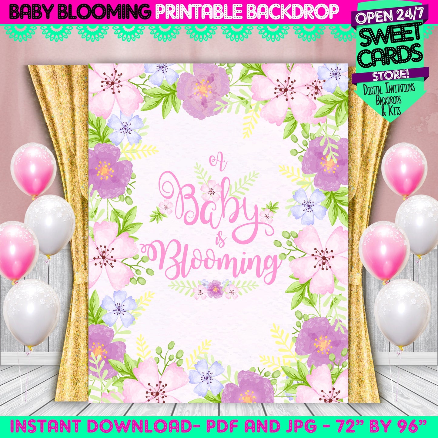 Baby Blooming Flowers Printable Backdrop, Baby Shower Flowers backdrop, Sprin baby shower backdrop, Floral baby shower,