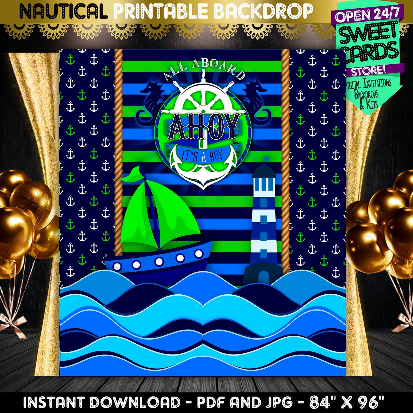 Nautical Printable Backdrop, Under the sea Printable Backdrop, Baby Shower nautical Theme party Backdrop, Nautical Party