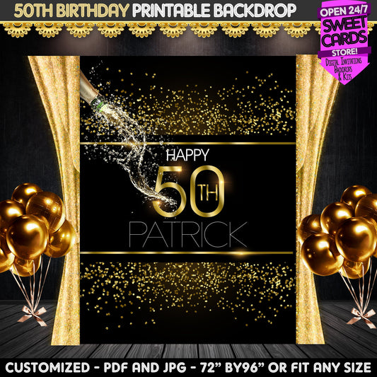 5OTH Birthday Printable Party Backdrop, Fifty Birthday Party Backdrop, Gold and black 50th Birthday Backdrop, Elegant 50th Backdrop , 50th