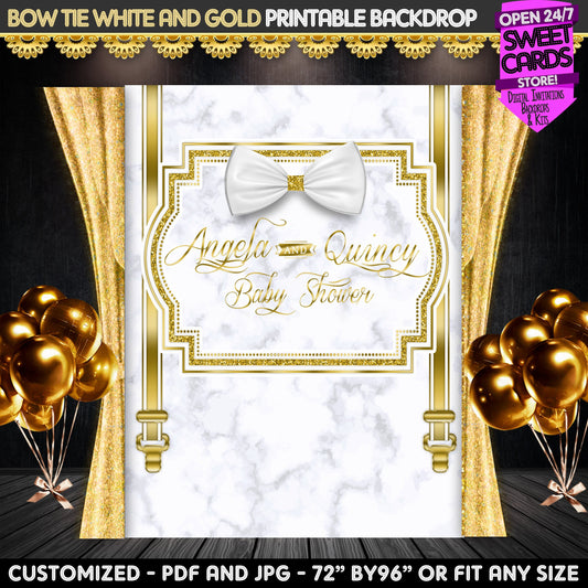 White and Gold Bow Tie Printable Party Backdrop, Bow tie Party Backdrop, White bow tie Backdrop, White and Gold Backdrop Bow tie baby Shower