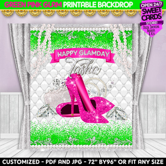 Green and Pink Glam Heels Pearls Diamonds Printable Party Backdrop, Glam Party Printable Backdrop, Fashion Party Backdrop, Pearls, Heels