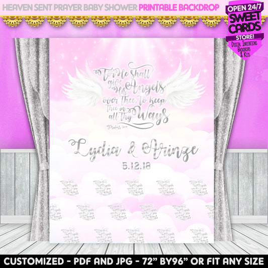 Pink Heaven Sent Prayer Wings Printable Party Backdrop, Heaven Sent Party Backdrop, Heaven sent wings printable Party, Girl Baby Shower