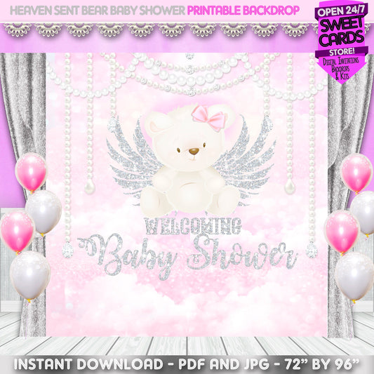 Baby Bear pearls and diamonds Baby shower Printable backdrop, pink Bear baby shower, Bear and pearls printable backdrop, pink teddy bear