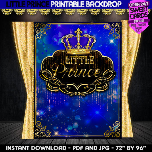 Royal Prince Little Prince Blue and Gold Printable backdrop, crown navy blue and gold backdrop, Baby shower backdrop,