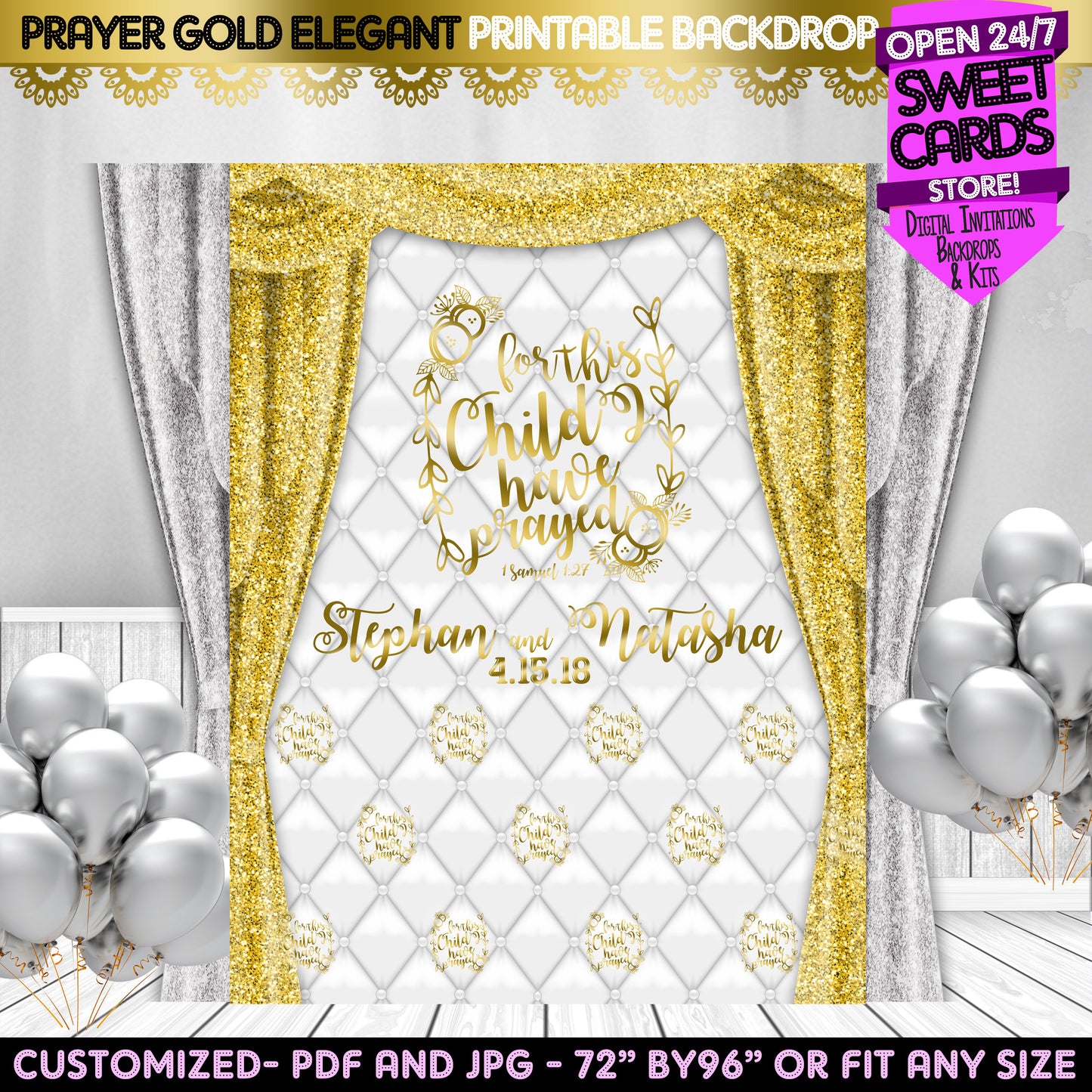 Prayer white and gold Baby shower Printable Backdrop, For this child I Prayed Backdrop, Gold White baby shower backdrop, Step and repeat