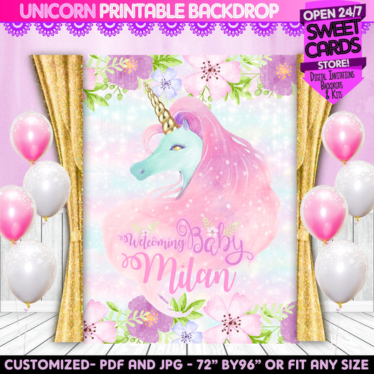 Unicorn printable digital backdrop, unicorn party, unicorn flowers decoration, unicorn birthday, unicorn banner,baby shower,unicorn party