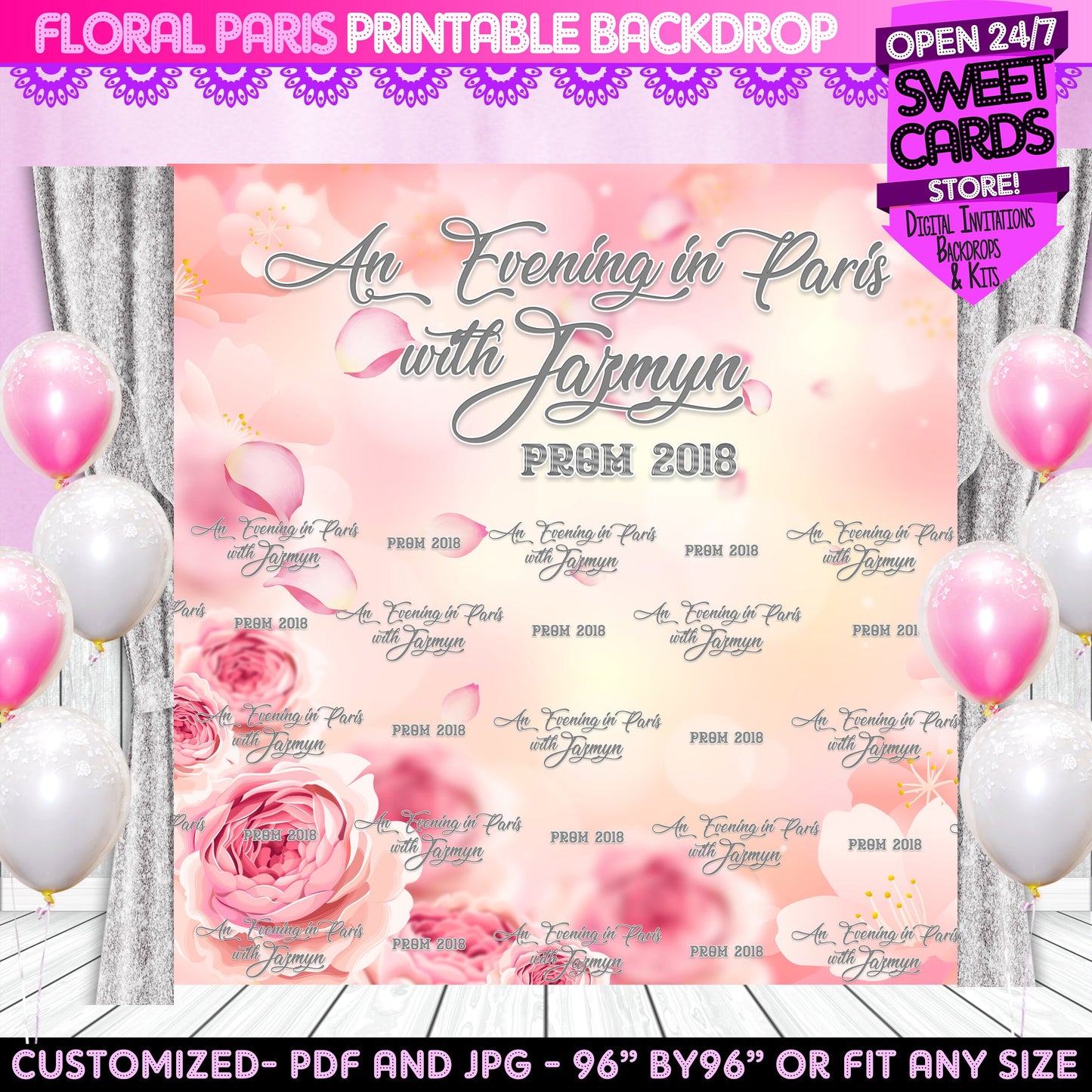Evening in paris Floral Printable backdrop, Floral silver printable backdrop, Floral photo backdrop, Petals Photo backdrop, Step and repeat