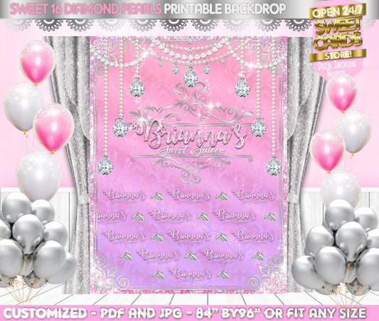 Sweet 16 Diamond and pearls Printable Backdrop, Sweet sixteen diamonds backdrop, Sweet Sixteen Glitter backdrop, Sweet 16 Photo Backdrop