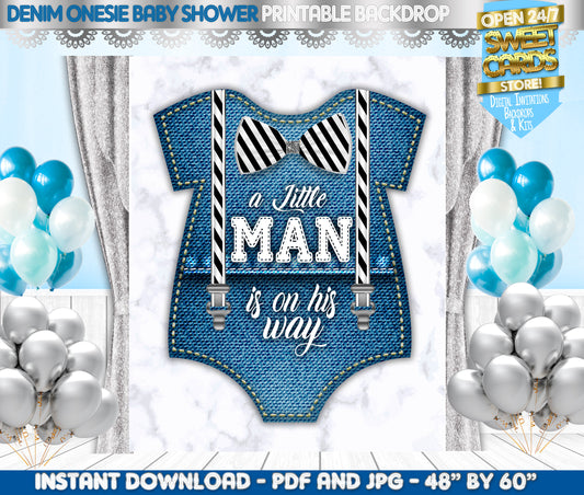 Denim Onesie Boy Baby Shower Printable Backdrop, Denim bodysuit suspenders backdrop, Denim boy baby shower, Little man Baby Shower Backdrop
