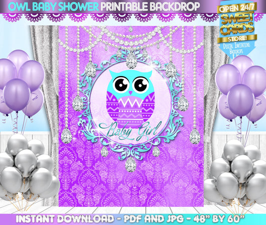 Owl Girl Baby Shower printable backdrop, Owl Baby shower, boho Chic owl baby shower, owl party backdrop, Owl Party Banner, Owl baby shower