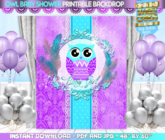 Owl Girl Baby Shower printable backdrop, Owl Baby shower, boho Chic owl baby shower, owl party backdrop, Owl Party Banner, Owl baby shower