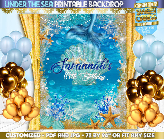 Under the sea Sweet 16 Printable Backdrop, Under the sea Sweet Sixteen, underwater sweet sixteen backdrop, under the sea photo backdrop,
