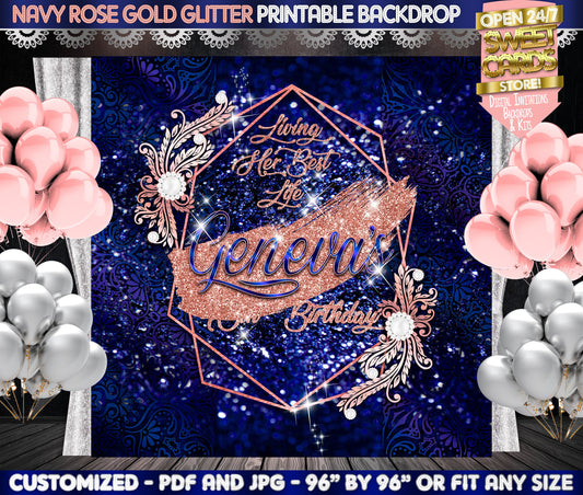 Navy and Rose gold Glitter Printable Backdrop, Navy and rose gold backdrop, Glitter elegant backdrop, Birthday Backdrop, Sweet Sixteen