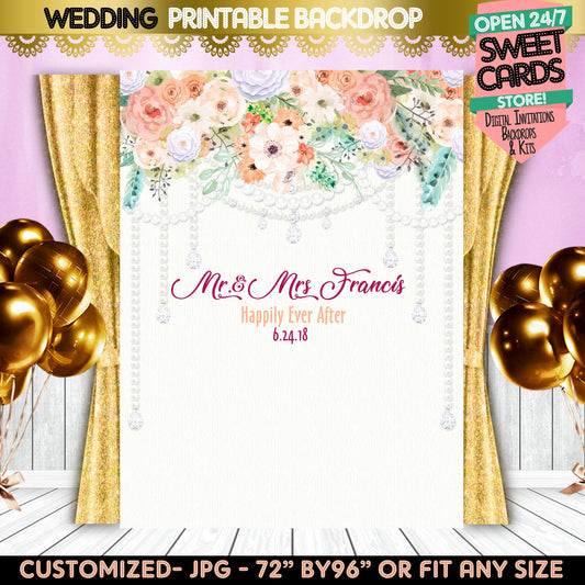Wedding floral pearls backdrop, wedding printable backdrop, wedding photo backdrop, floral pearls backdrop, Wedding floral banner, Backdrop